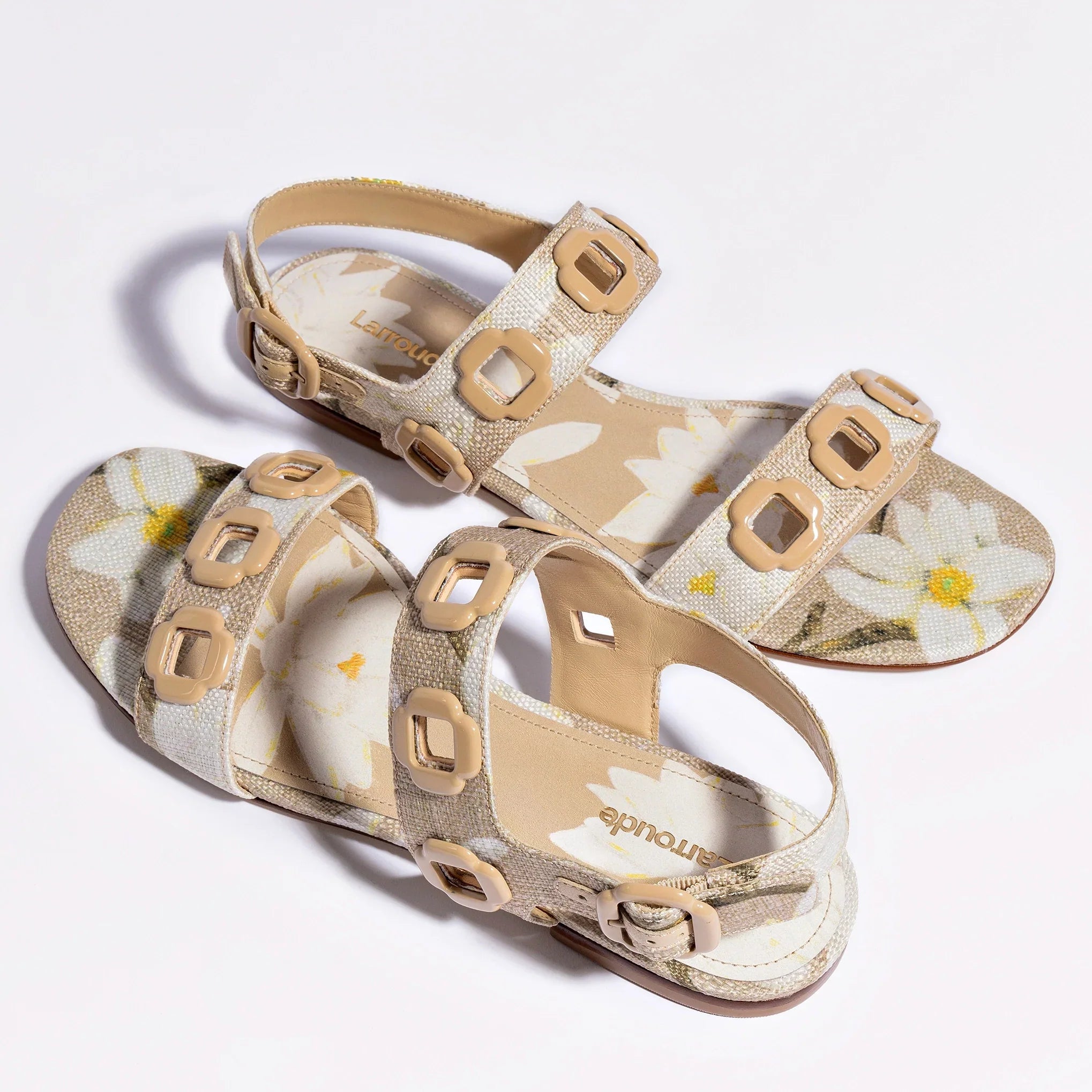 LARROUDE | Milan Flat Sandal In Beige Printed Raffia