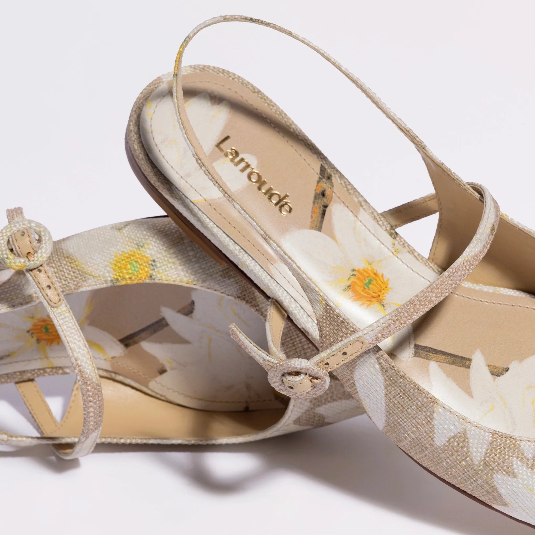 LARROUDE | Georgina Ballet Flat In Beige Printed Raffia