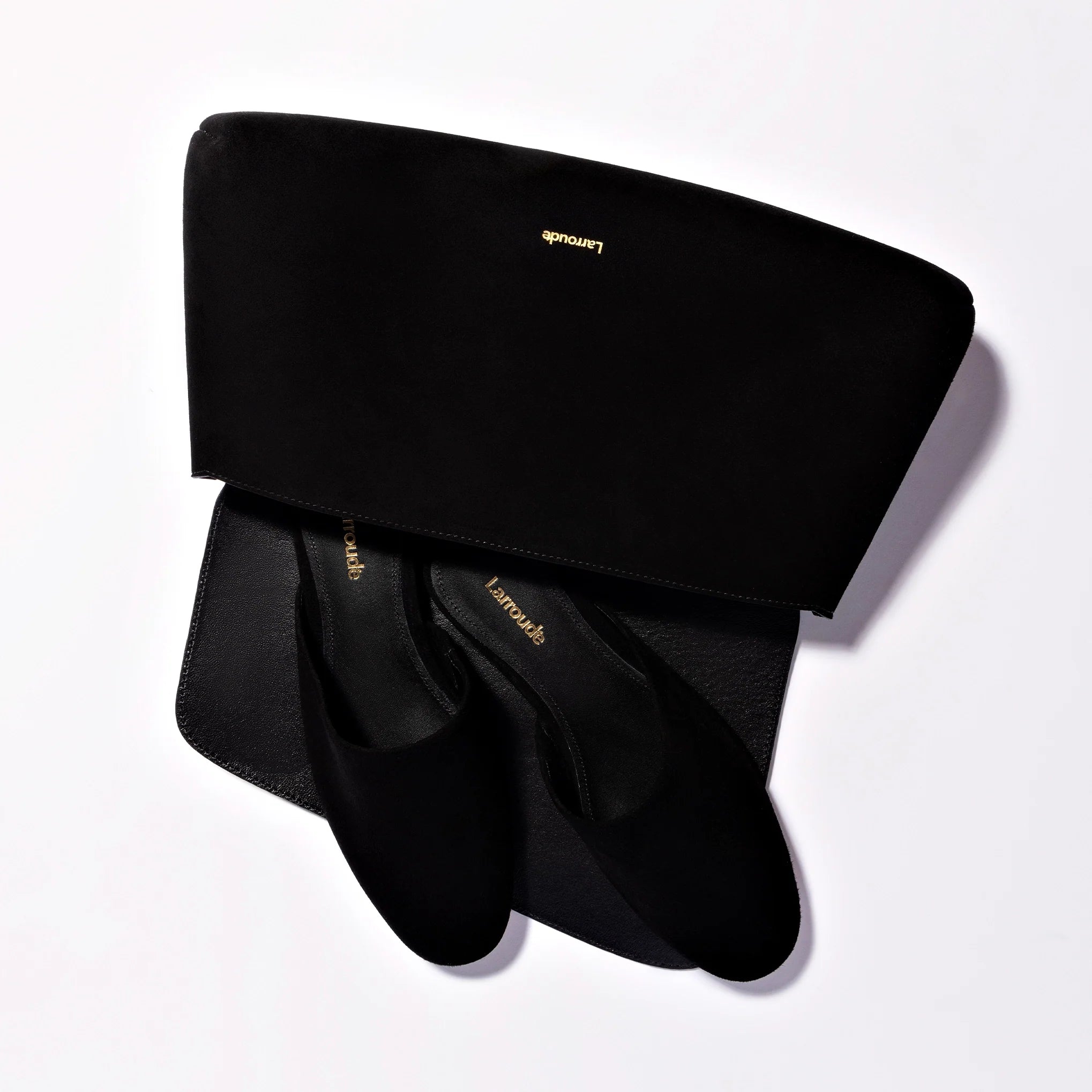 LARROUDÉ Venice Flat Mule and Pouch Kit In Black Suede