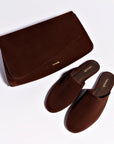 LARROUDE Venice Flat Mule and Pouch Kit In Brown Suede