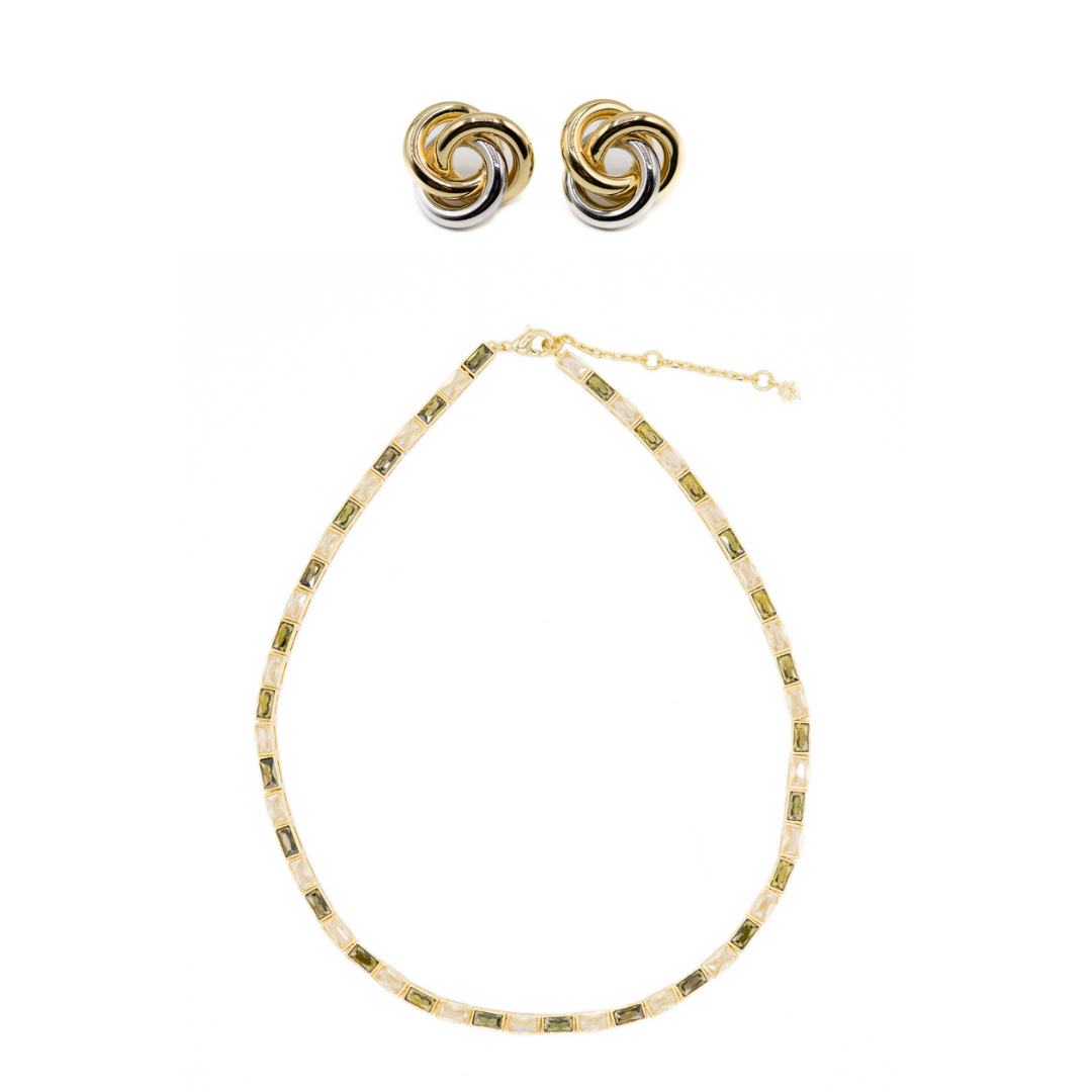 Knot Earring &amp; Baguette Tennis Necklace Gift Set