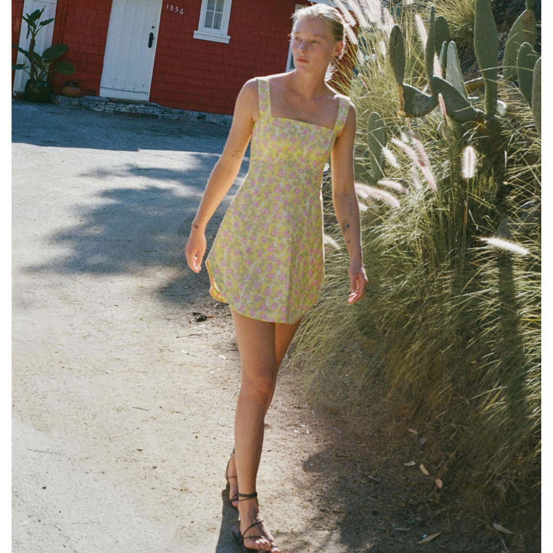 Curved-Hem Mini Dress, Yellow with Pink Bougainvillea