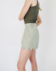 MASON'S DAUGHTER Belted Scallop Shorts, Seersucker Olive & Ivory