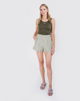 MASON'S DAUGHTER Belted Scallop Shorts, Seersucker Olive & Ivory