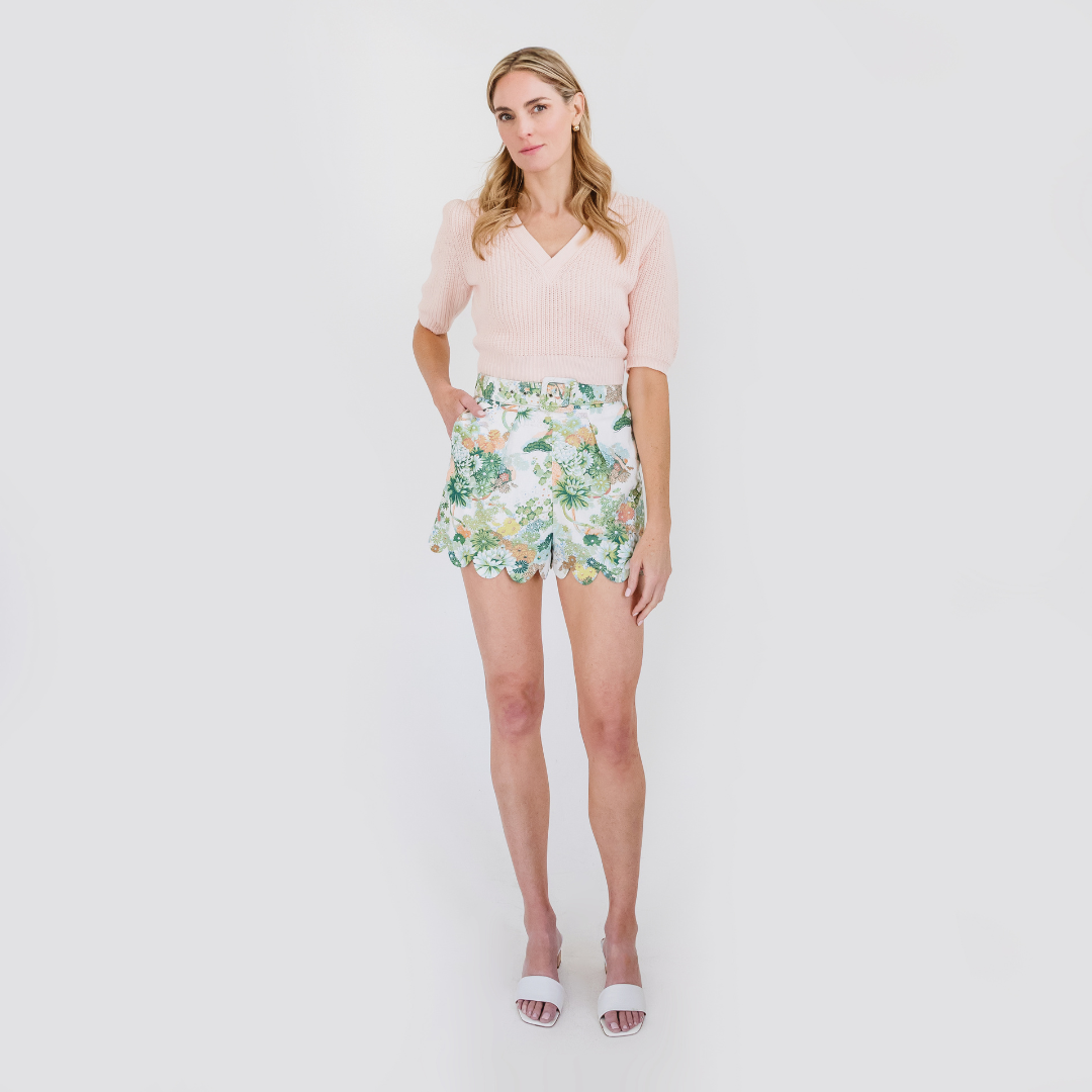 MASON&#39;S DAUGHTER Belted Scallop Shorts, Spring Chinoiserie