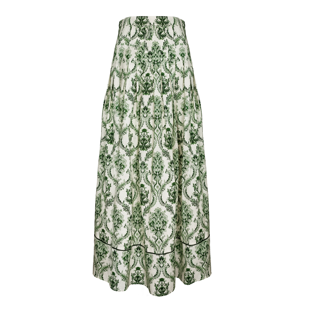 Pleated Maxi Skirt, Green and Ivory Trellis Print
