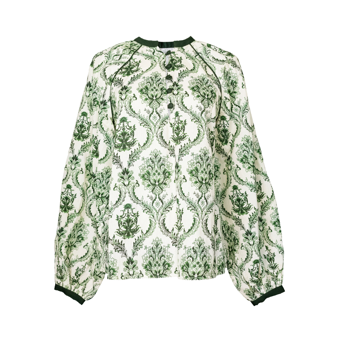 Blouse, Green and Ivory Trellis Print
