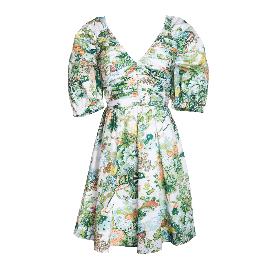 Ruched V-Neck Dress, Spring Chinoiserie