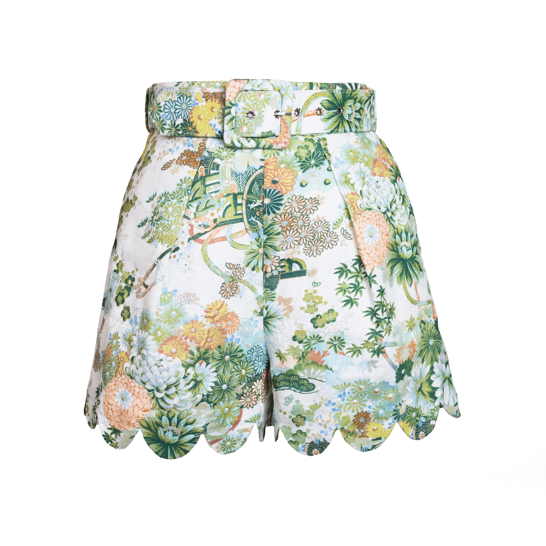 MASON&#39;S DAUGHTER Belted Scallop Shorts, Spring Chinoiserie