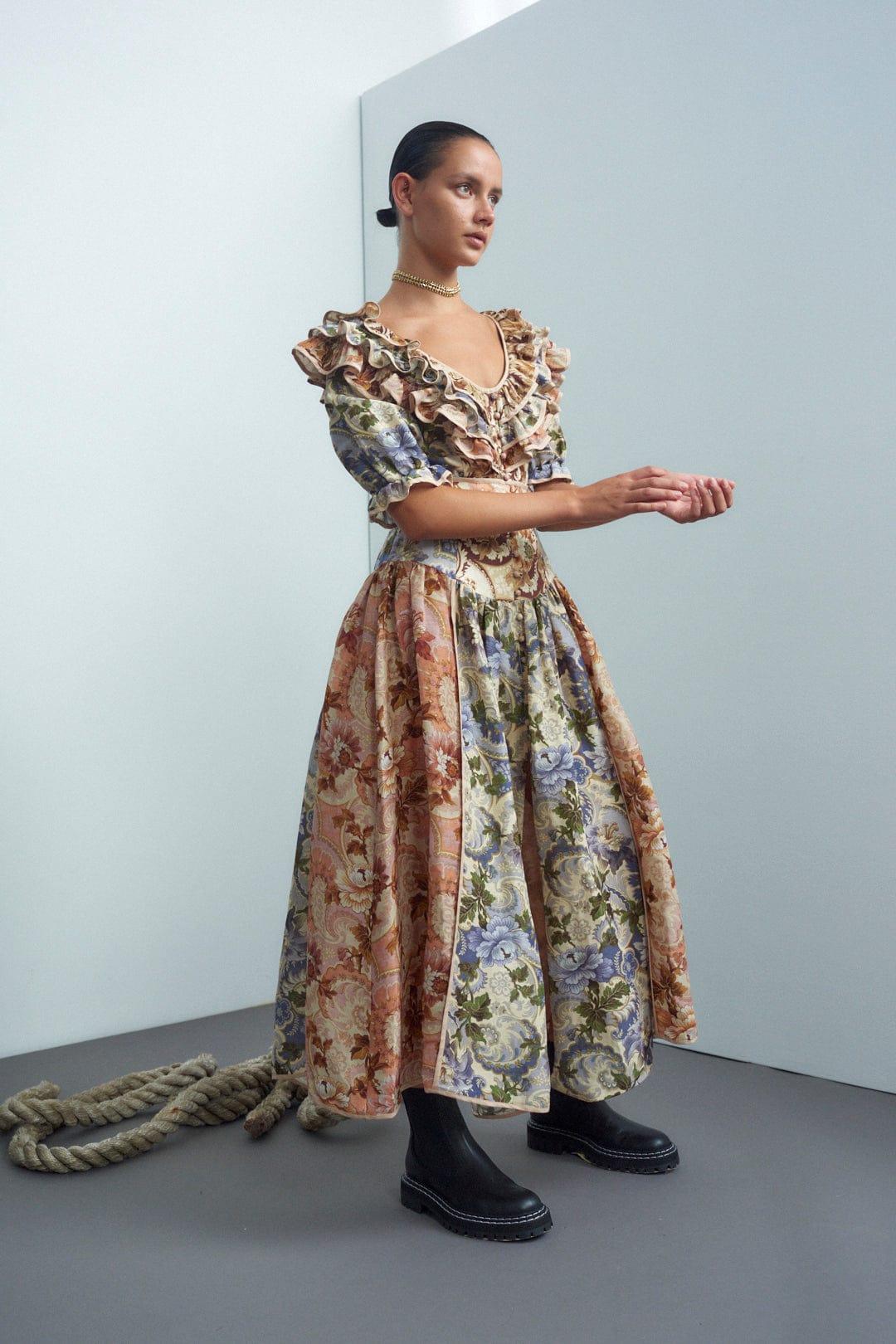 Phillipa Ruffle Neck Midi Dress, Mix Floral